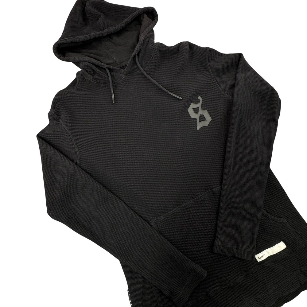 Saint Morta Mens Waffle Knit Thermal Hoodie Black Gothic #13 Graphic Pullover M